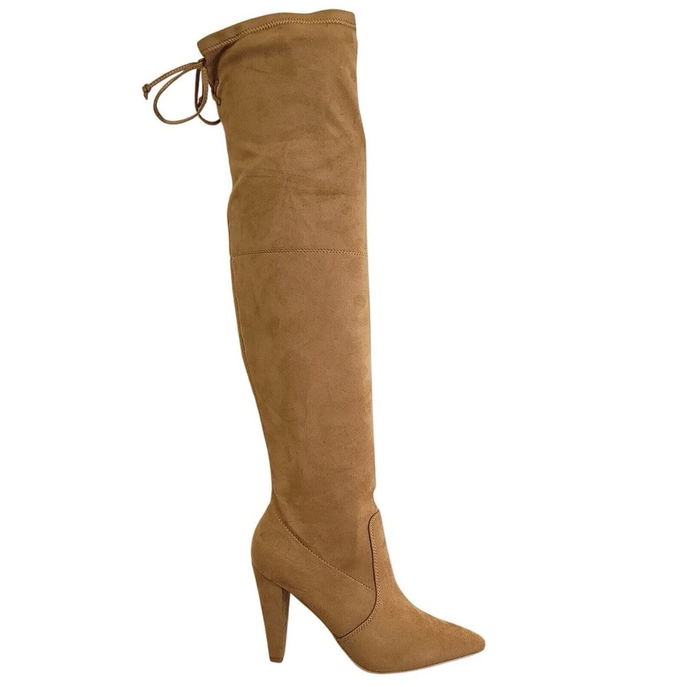 French Connection Tan Suede Knee-High Heeled Boots Lace Back Size 7.5